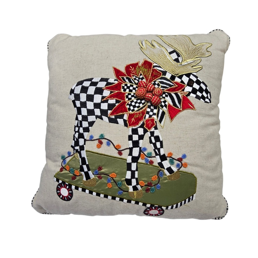 Mackenzie-Childs Moose on Parade Beaded Embroidery Pillow Christmas Holiday Gift
